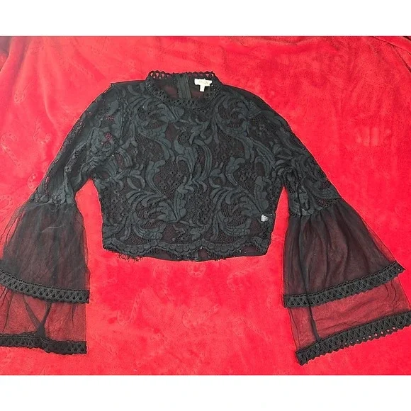 Peach Black Sheer Lace Blouse Floral Scalloped Trim Whimsigoth Coquette Size M - Picture 1 of 16